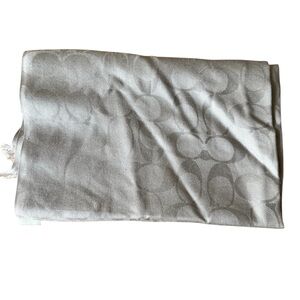 Coach Gray Silver Logo Print Wool Silk Scarf Fringe